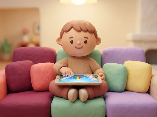Ein Kind aus Knete sitzt auf dem Sofa und hält ein Tablet, auf dem Fische schwimmen.