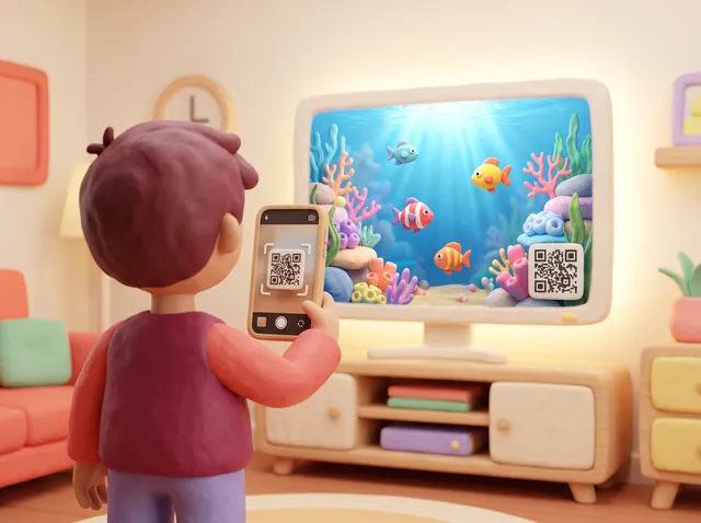 Ein Kind aus Knete richtet die Handykamera auf den QR-Code in der Ecke des Fernsehers, auf dem ein Aquarium läuft.
