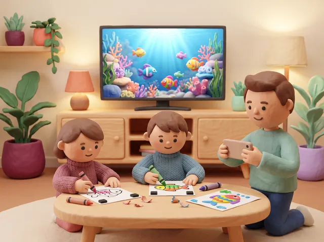Wohnzimmer aus Knete: Zwei Kinder malen am Couchtisch, ein Erwachsener fotografiert ein Blatt mit dem Handy, im Fernseher dahinter schwimmen Fische.