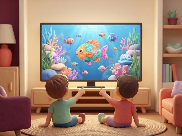 Zwei Kinder aus Knete sitzen vor dem Fernseher und zeigen auf einen bunt ausgemalten Fisch im Aquarium.
